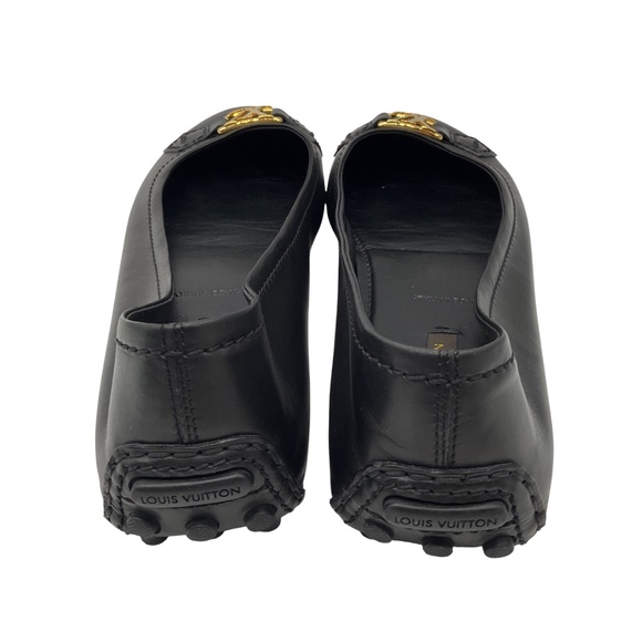 LOUIS VUITTON BLACK / GOLD LV LOGO HARDWARE LEATHER BALLET FLATS - Picture 6 of 8